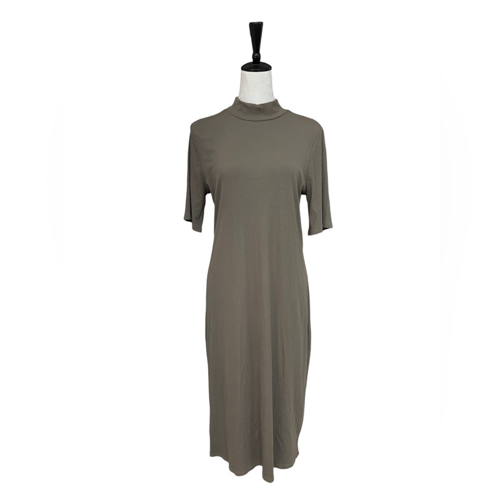 Athleta Mock Neck Midi Dress XL Olive Green Stretch Casual Lounge Minimalist